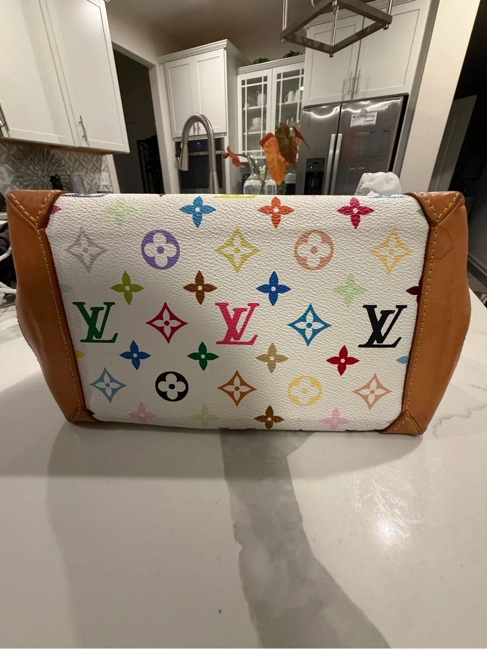 Louis Vuitton White Multicolor Monogram Satchel with Tan Handles - Picture 4 of 7